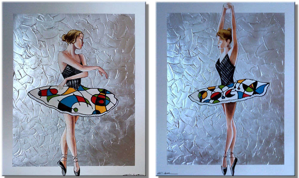 Pareja de cuadros bailarinas con abstractos