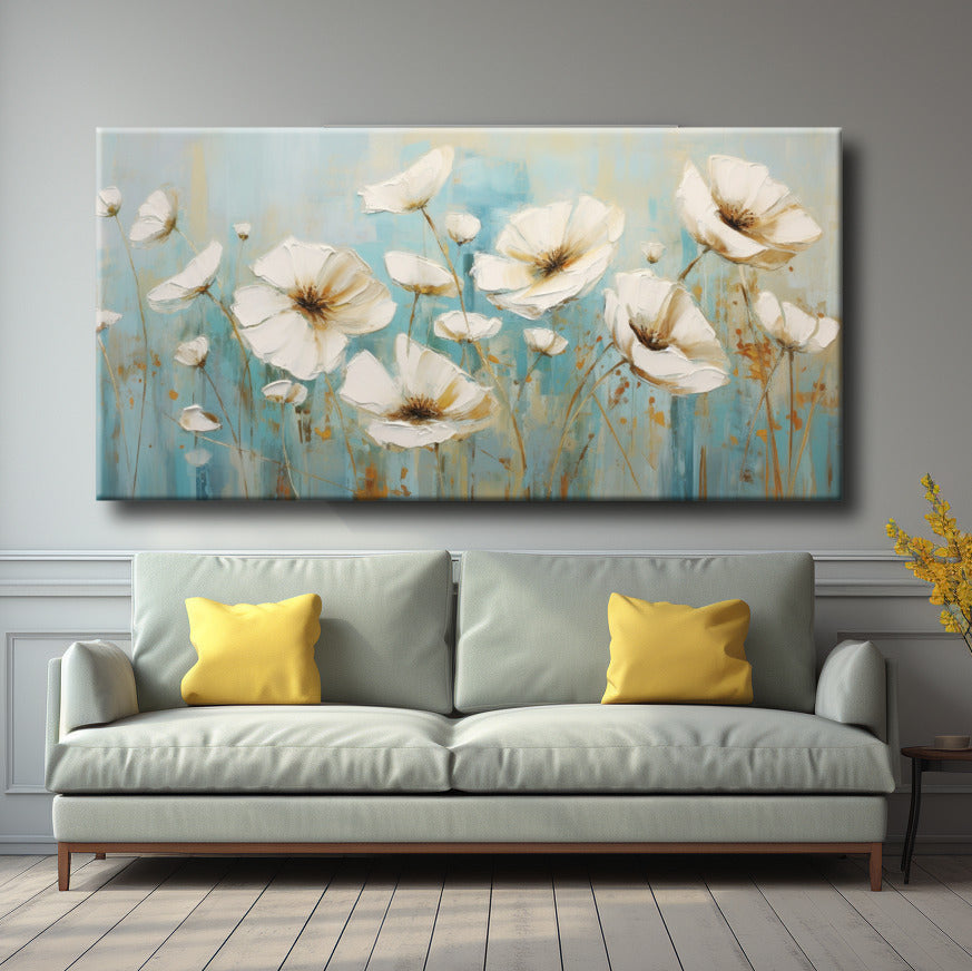 Cuadro de Flores blancas en fondo turquesa