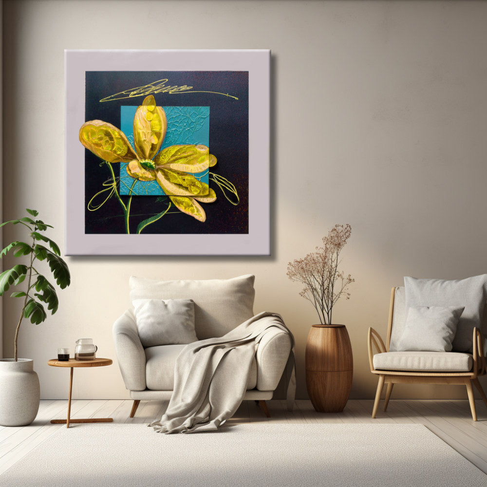 Cuadro Moderno Flor Amarilla y Turquesa