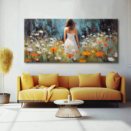 Cuadro de flores y mujer en campo