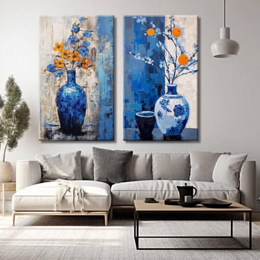 Díptico de cuadros de flores en azul