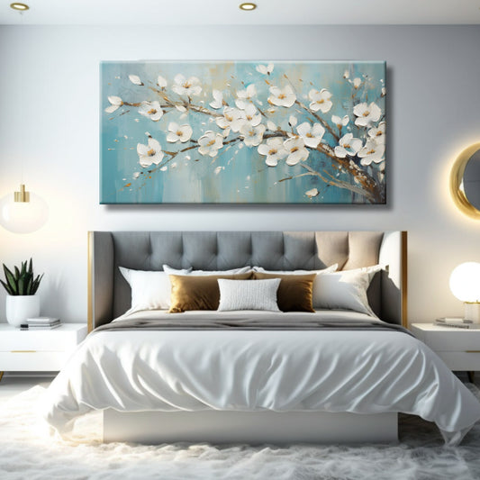 Cuadro flores blancas en fondo turquesa