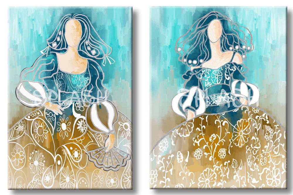 Pareja de cuadros de meninas sepia y turquesa