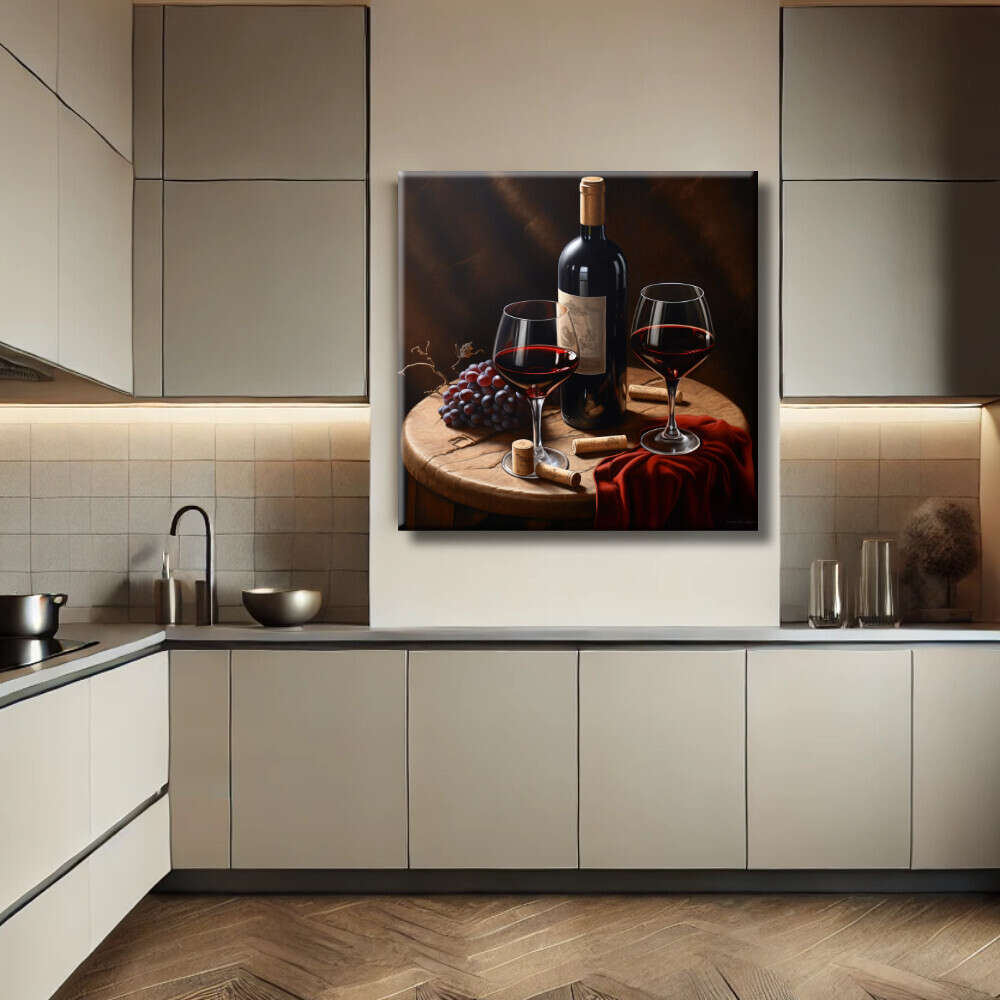 Cuadro bodegón con copas de vino tinto