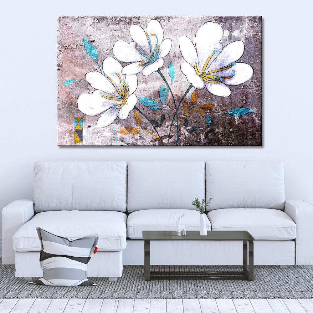 Cuadro de flores en blanco, amarillo y turquesa