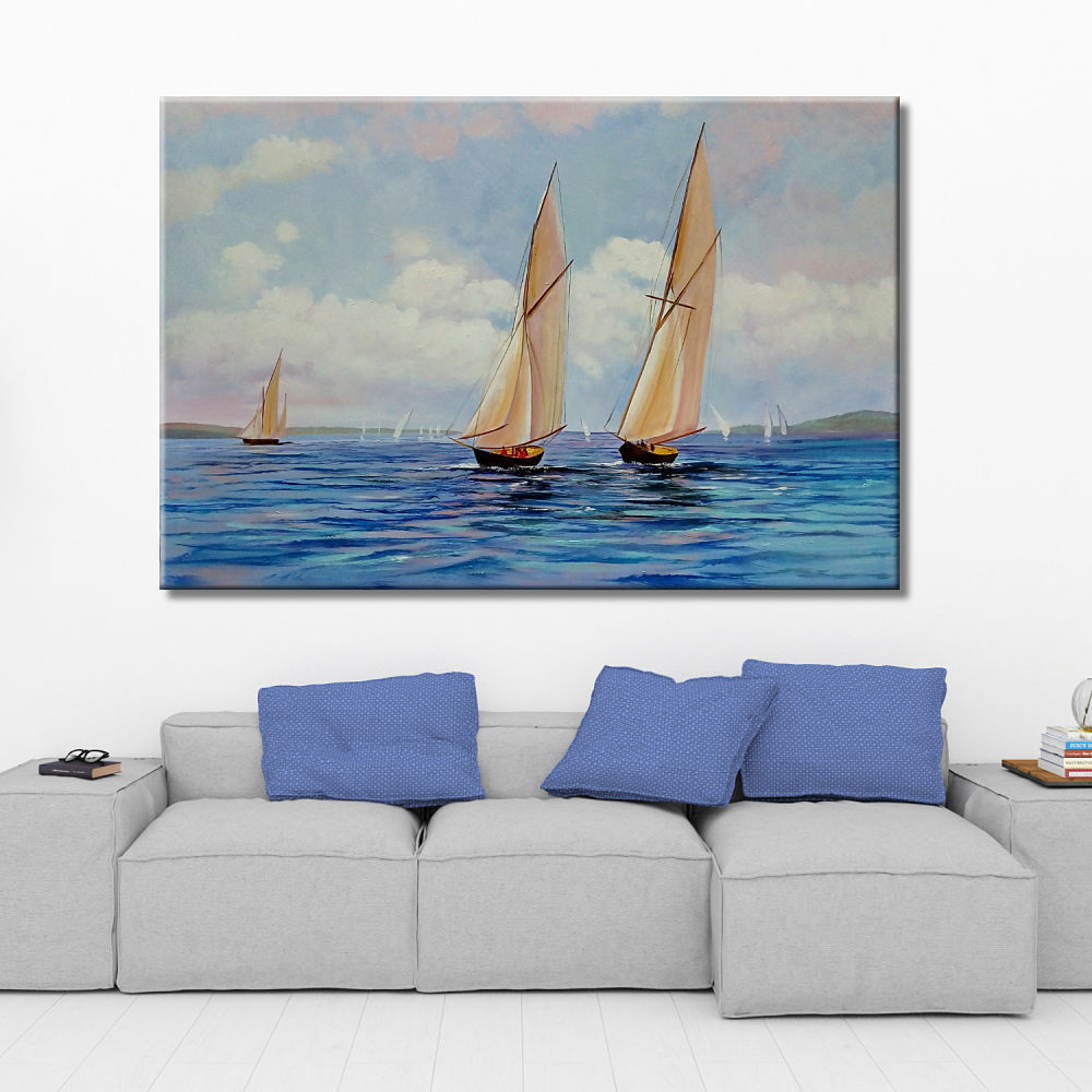 Cuadro de marina azul con veleros