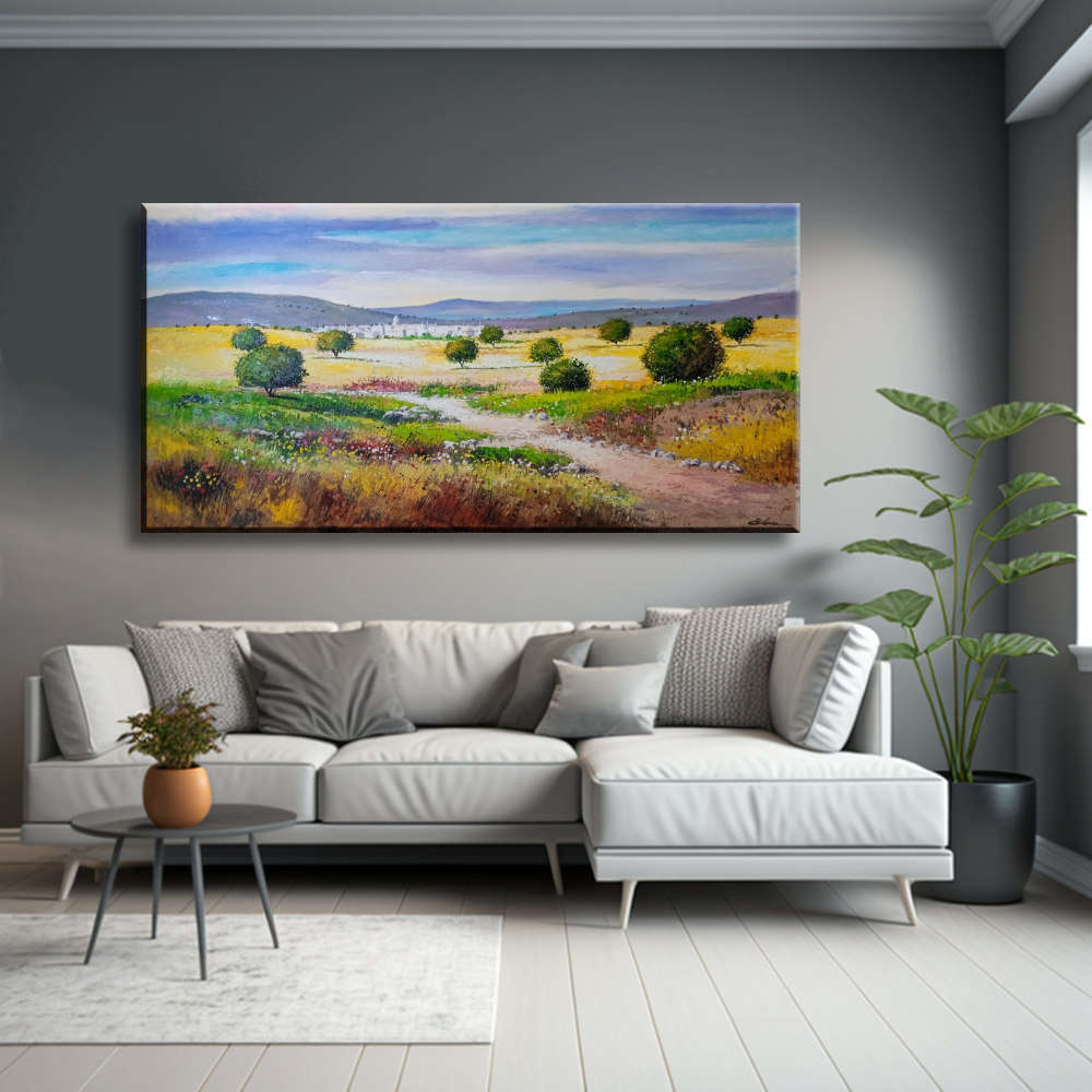 Paisaje campestre con flores y pueblo blanco
