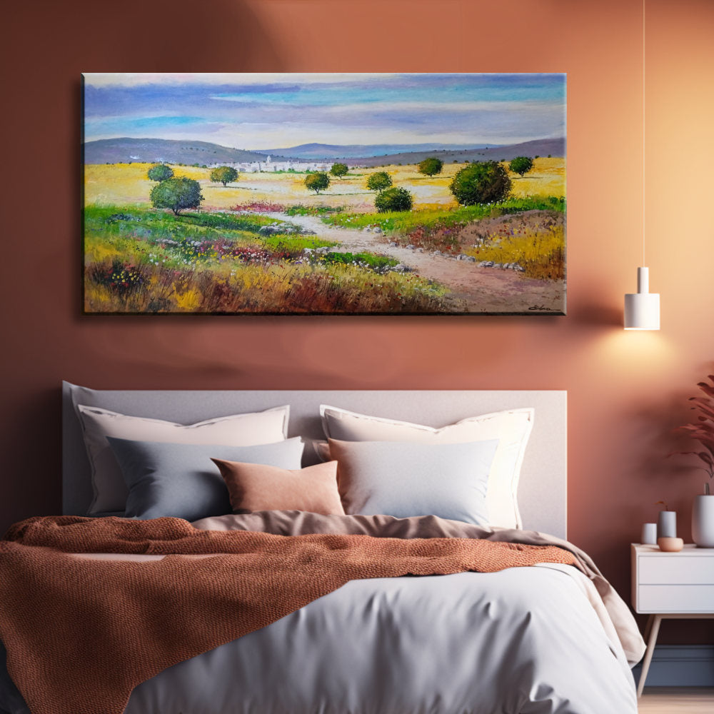 Paisaje campestre con flores y pueblo blanco