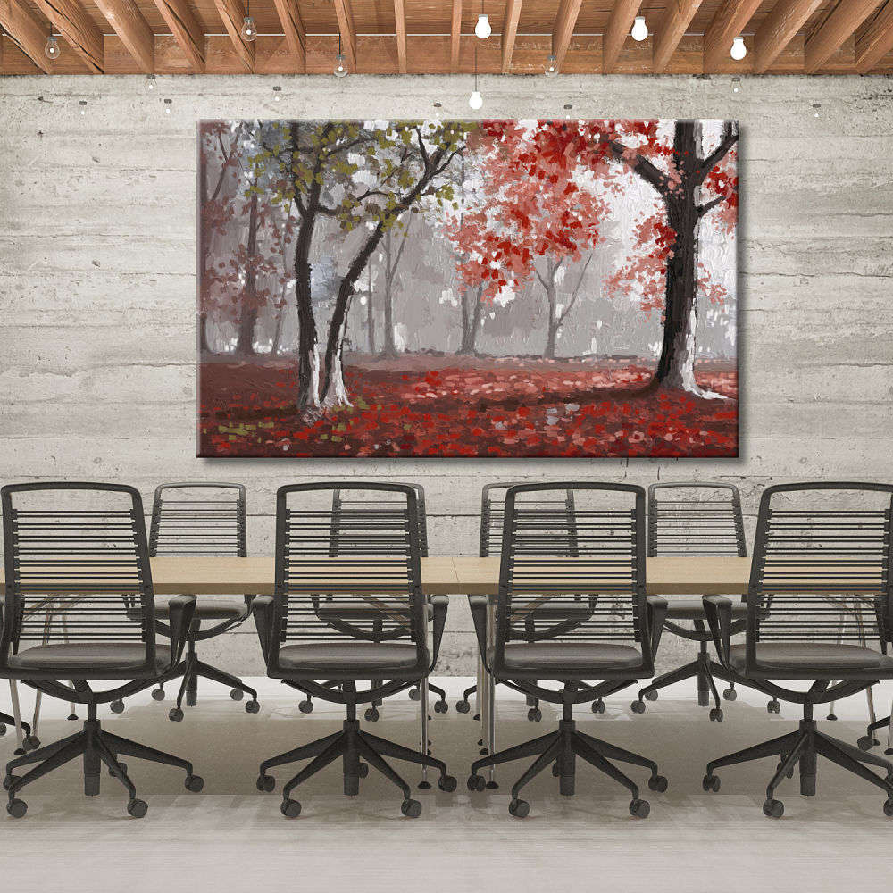 Cuadro de paisaje otoñal árboles en rojo