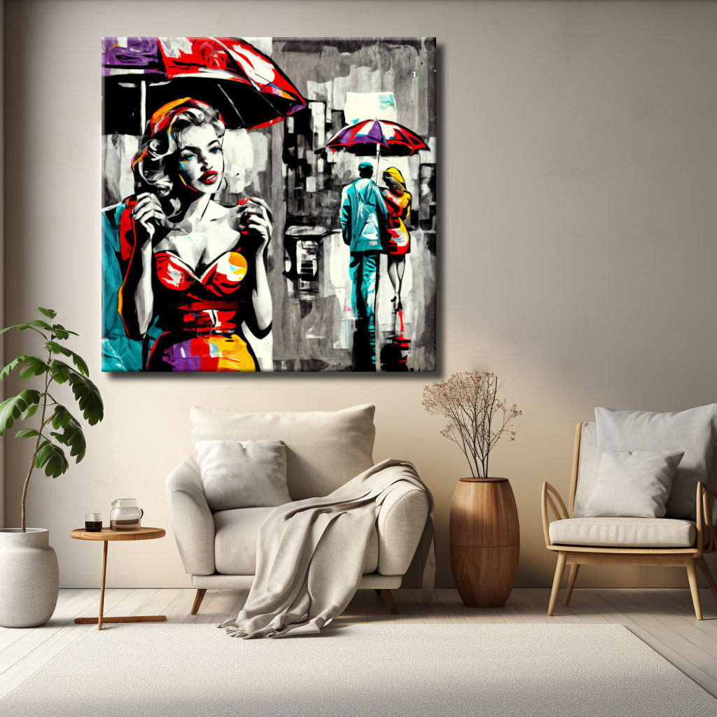 Cuadro pop art de figuras y paraguas