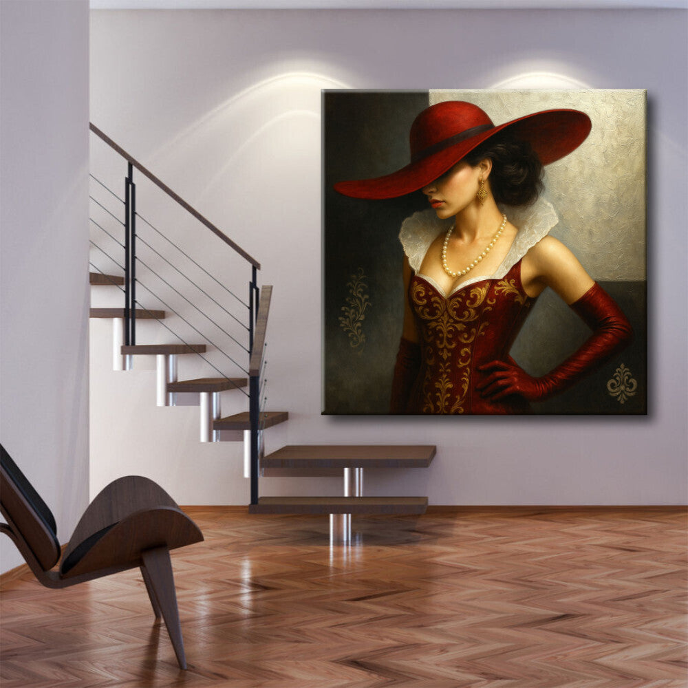 Cuadro dama gris y rojo con sombrero