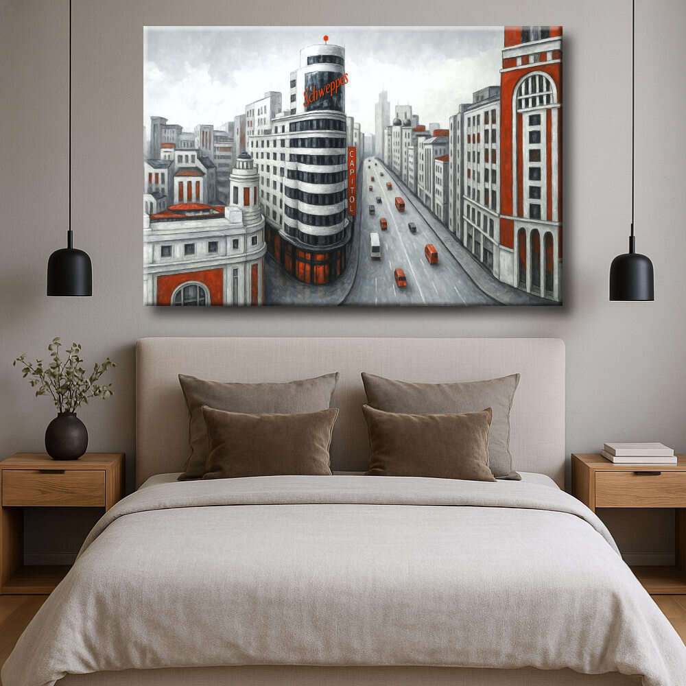 Cuadro Gran Vía de Madrid en grises y rojo