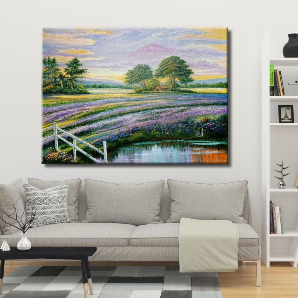 Cuadro de Paisaje con lavanda y lago