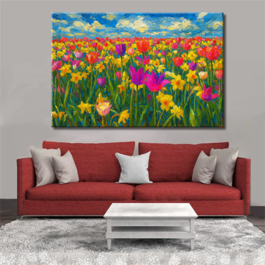 Cuadro de paisaje con flores variadas