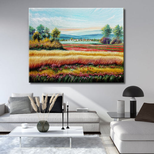Cuadro de paisaje trigal y flores rojas