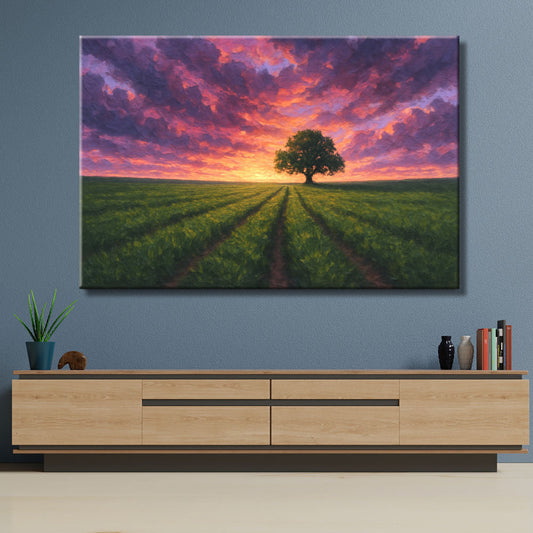 Paisaje Atardecer campestre con árbol