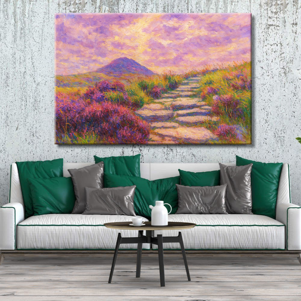 Cuadro Paisaje camino y flores rosas