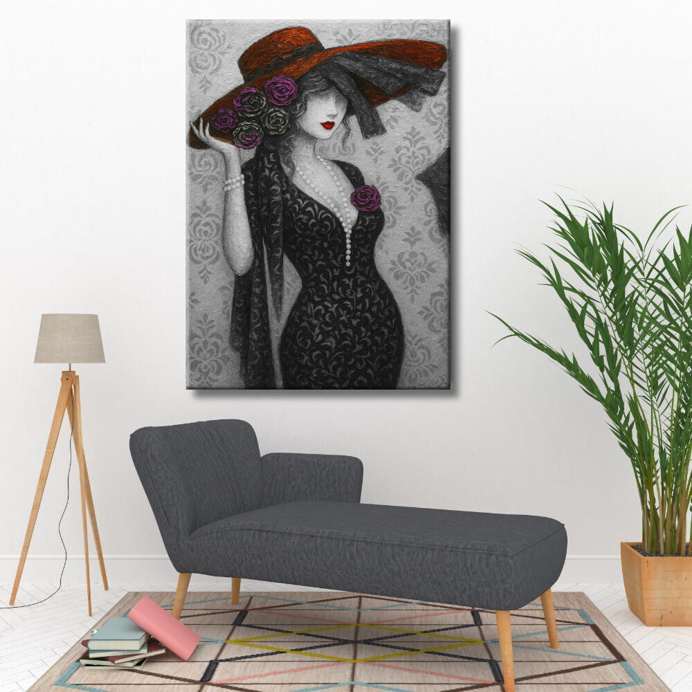 Cuadro Dama blanco negro y sombrero rojo
