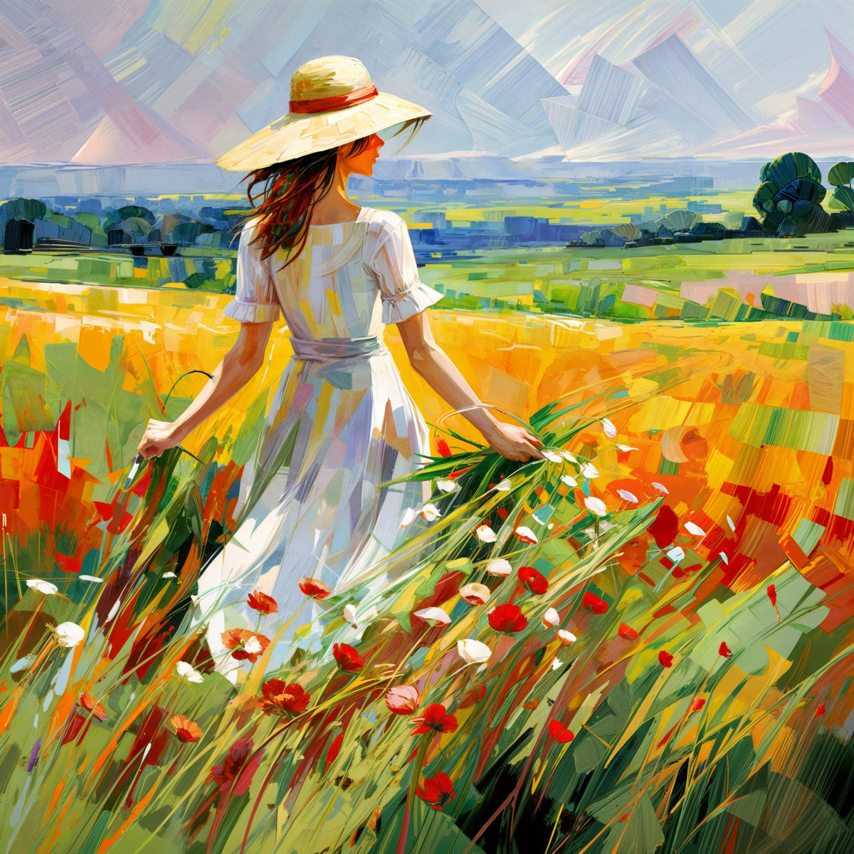 Cuadro de Dama con Sombrero y Flores - la obra