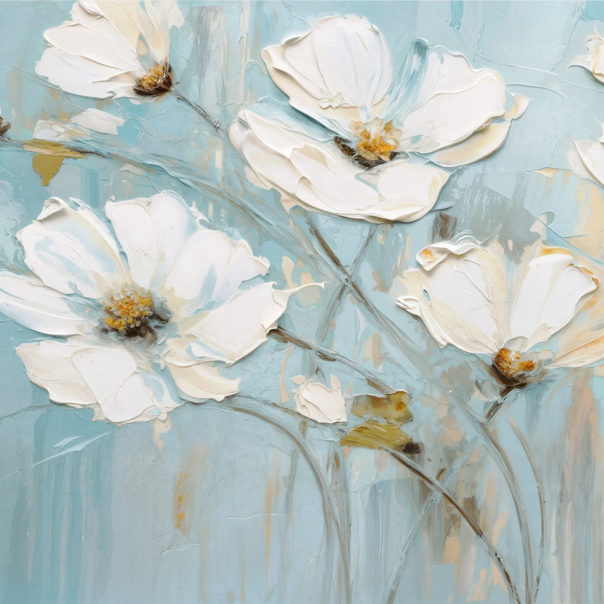 Cuadro de flores blancas en azul - la obra