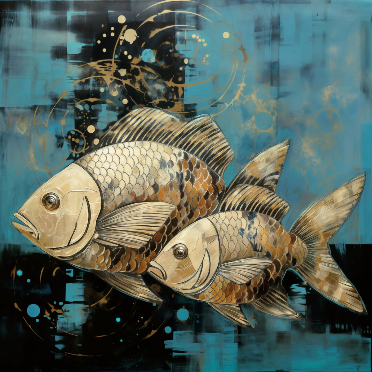 Cuadro Pareja de Peces en Azul y Negro - la obra
