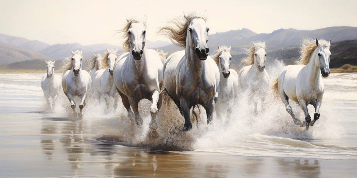 Cuadro étnico de caballos en la orilla - la obra