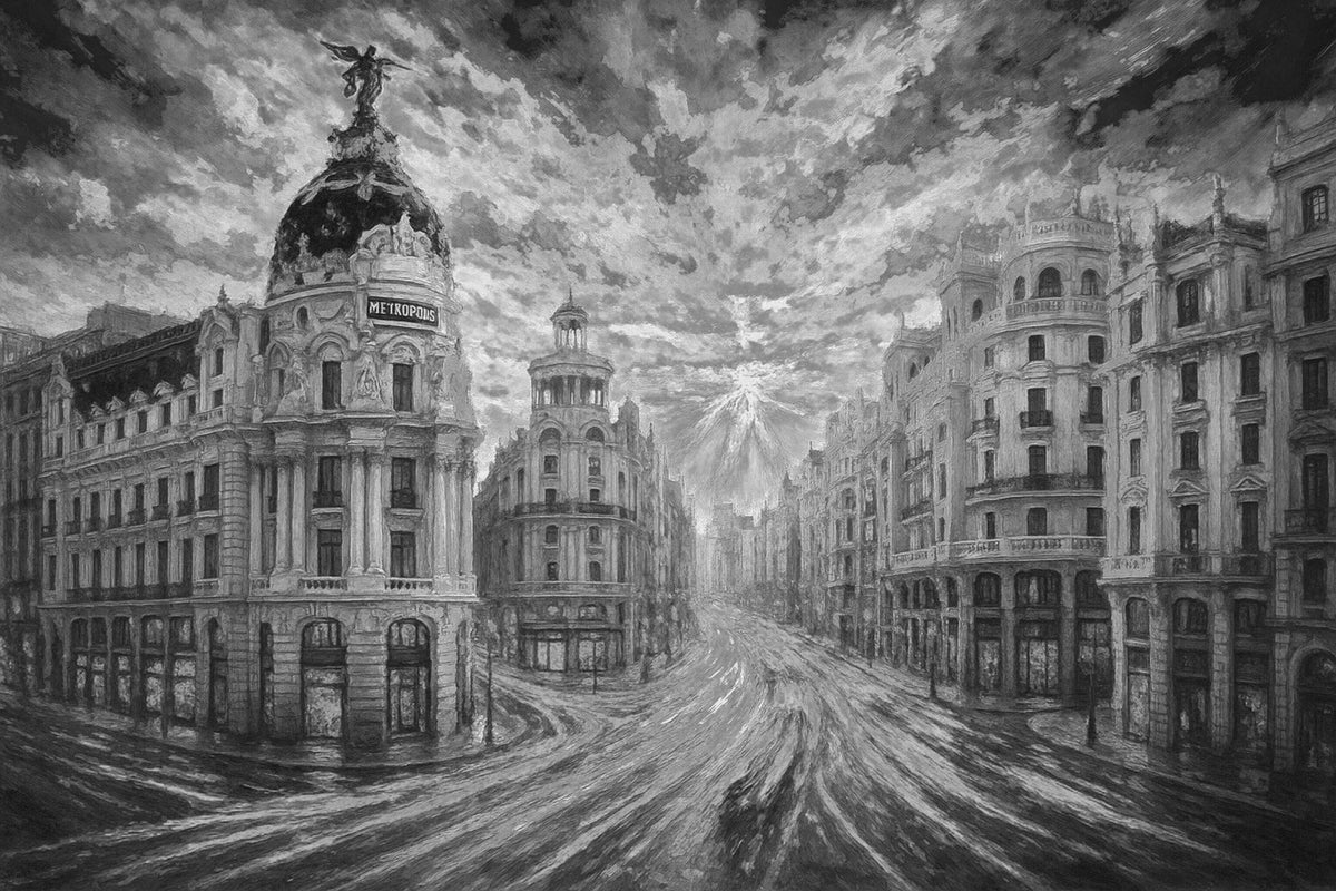 Cuadro Edificio Metrópolis blanco negro - la obra