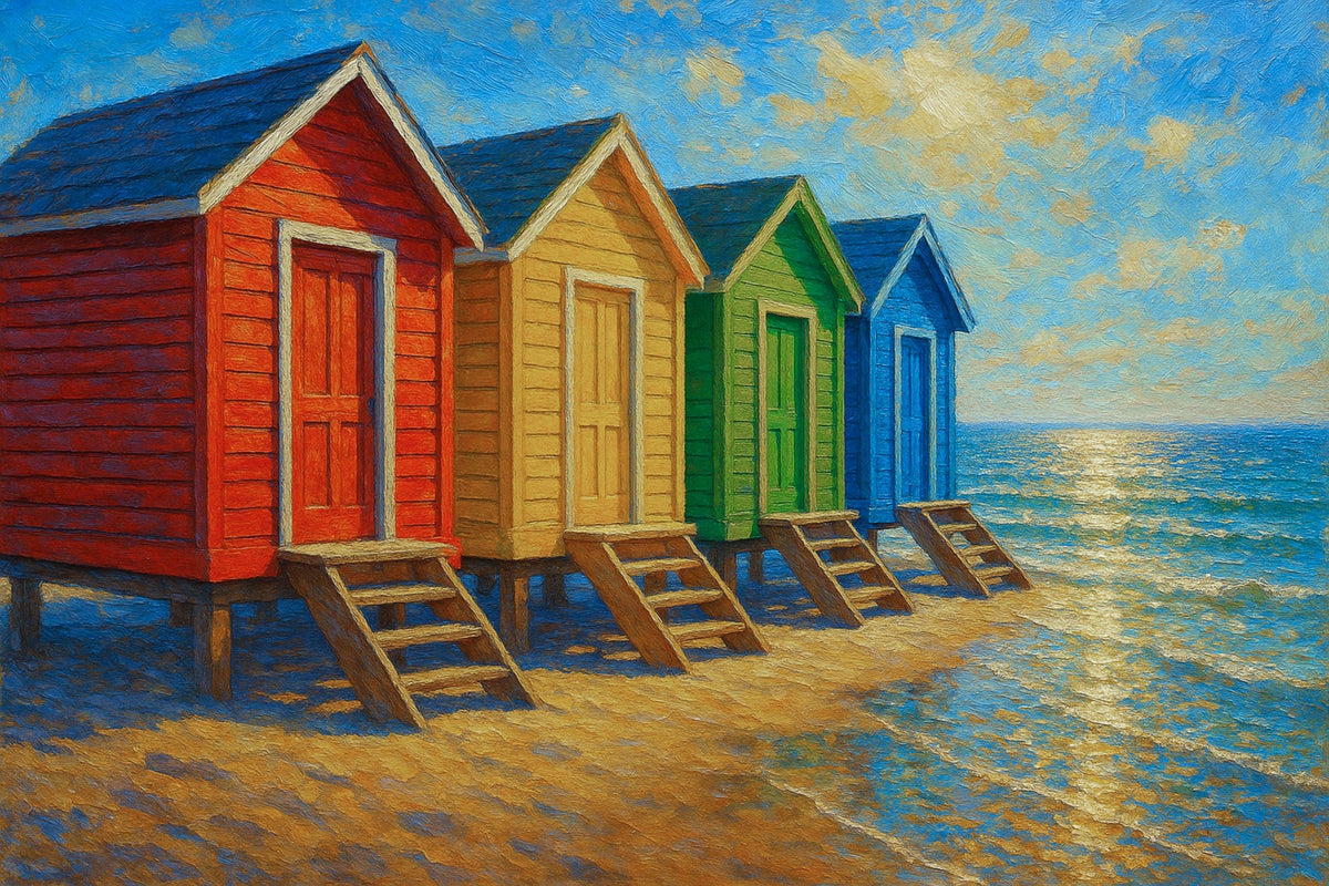 Cuadro colorido con Casetas de playa - la obra