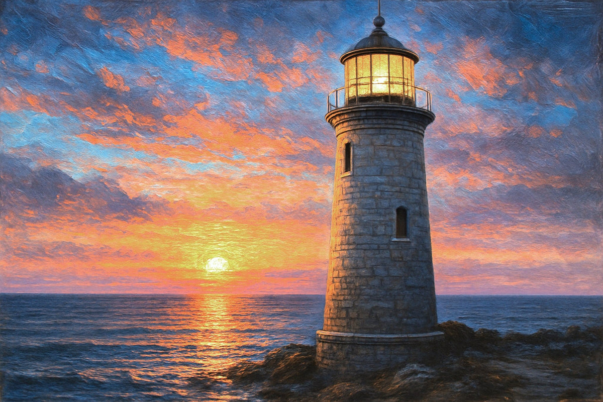 Cuadro de marina atardecer con faro - la obra