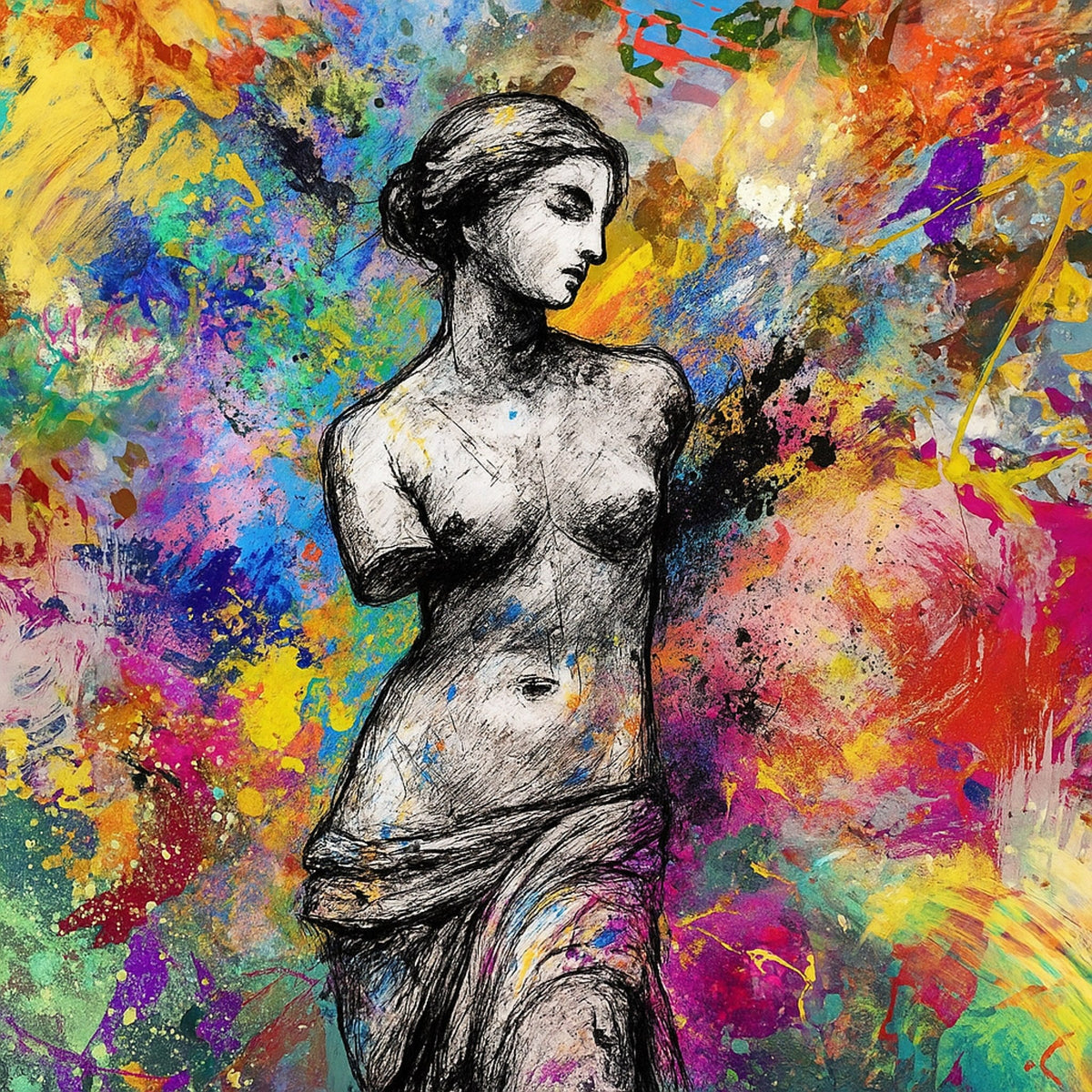 Cuadro abstracto colorido con estatua - la obra