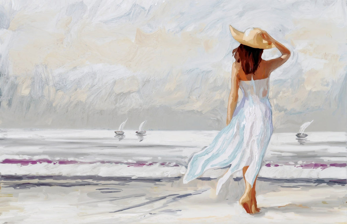 Cuadro de mujer con sombrero en la playa - la obra