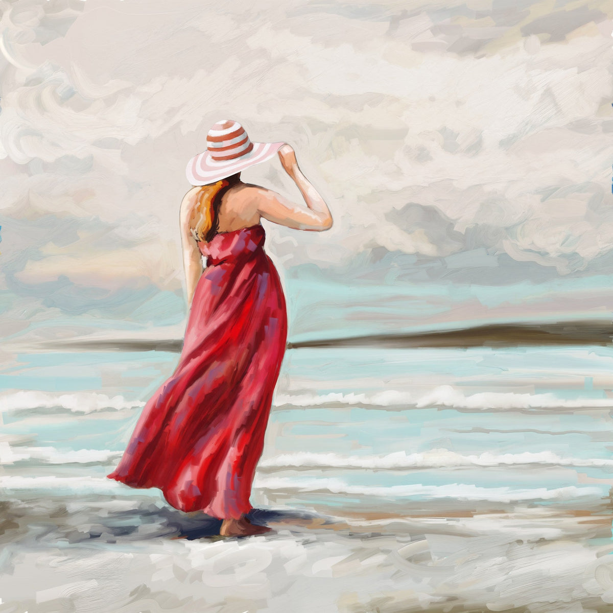 Cuadro mujer con sombrero en la playa - la obra