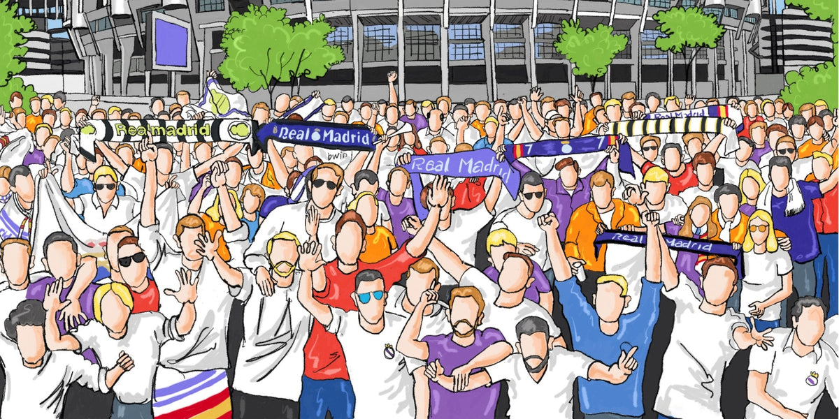 Cuadro cómic de aficionados al futbol - la obra
