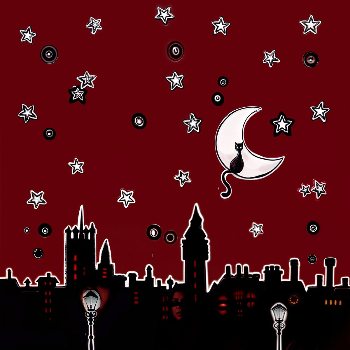 Cuadro de skyline nocturno con gato - la obra