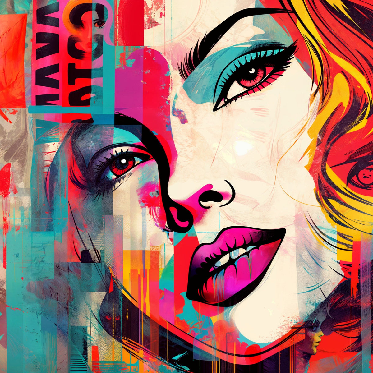 Cuadro pop art de mujer y labios colorido - la obra