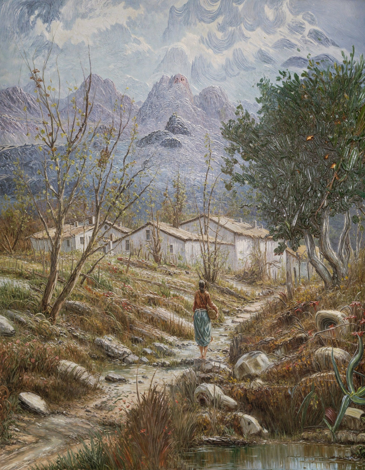 Cuadro de paisaje de pueblo tradicional - la obra