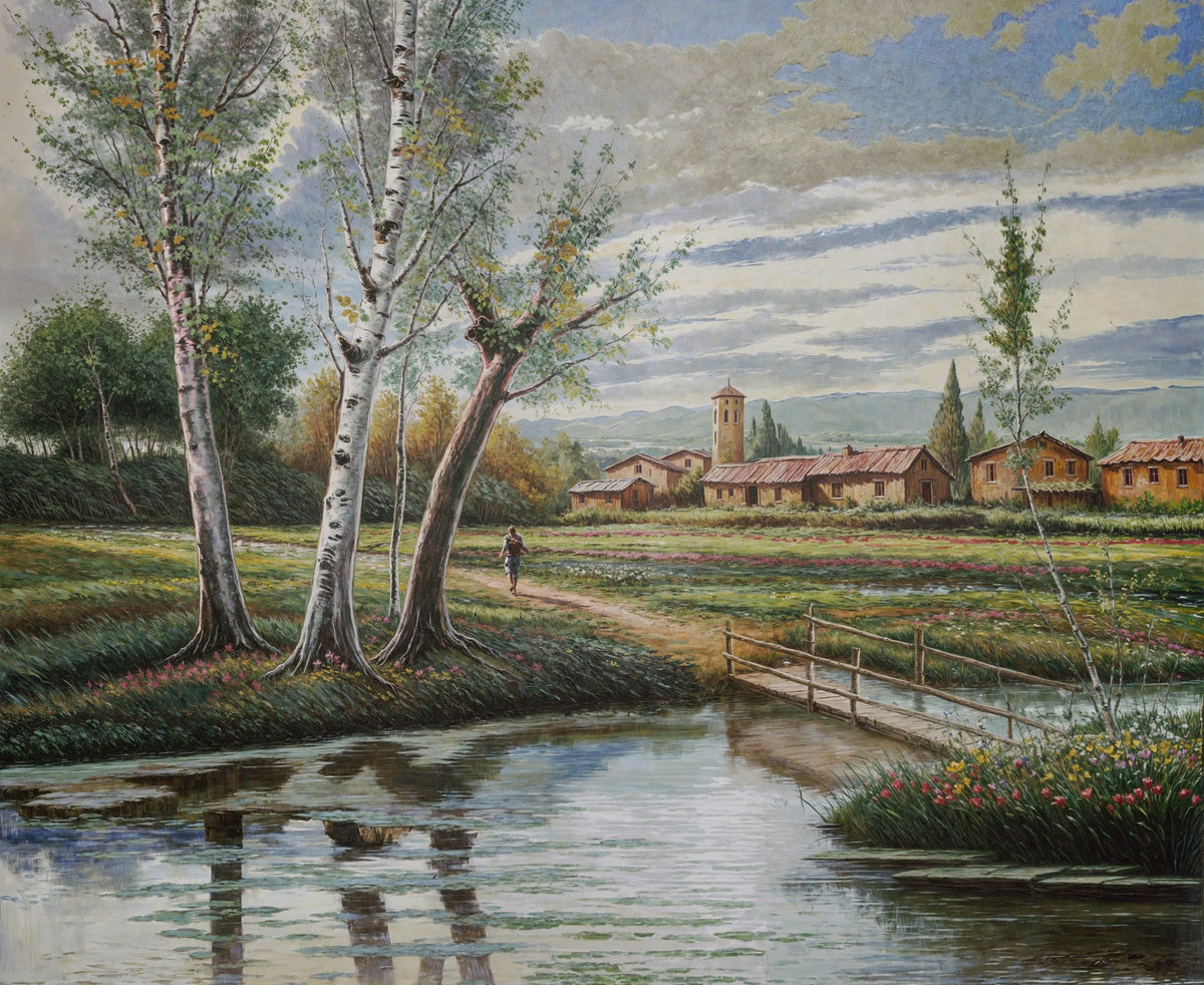 Cuadro de paisaje con árboles y río - la obra