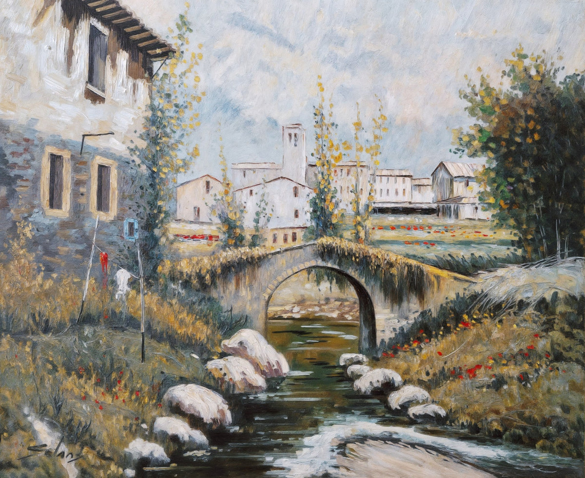 Cuadro de paisaje clásico casas y puente - la obra