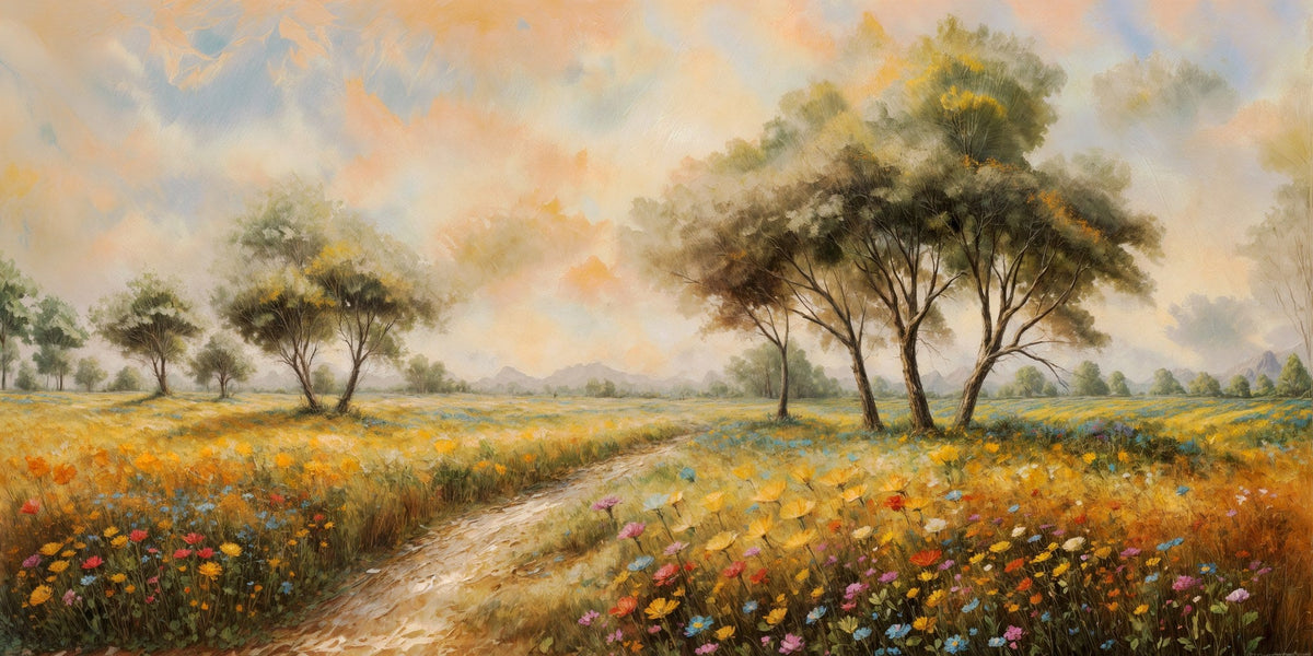 Cuadro de Paisaje clásico con flores - la obra