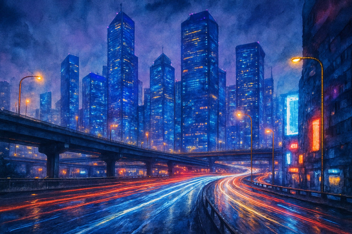 Cuadro urbano de Ciudad azul nocturno - la obra