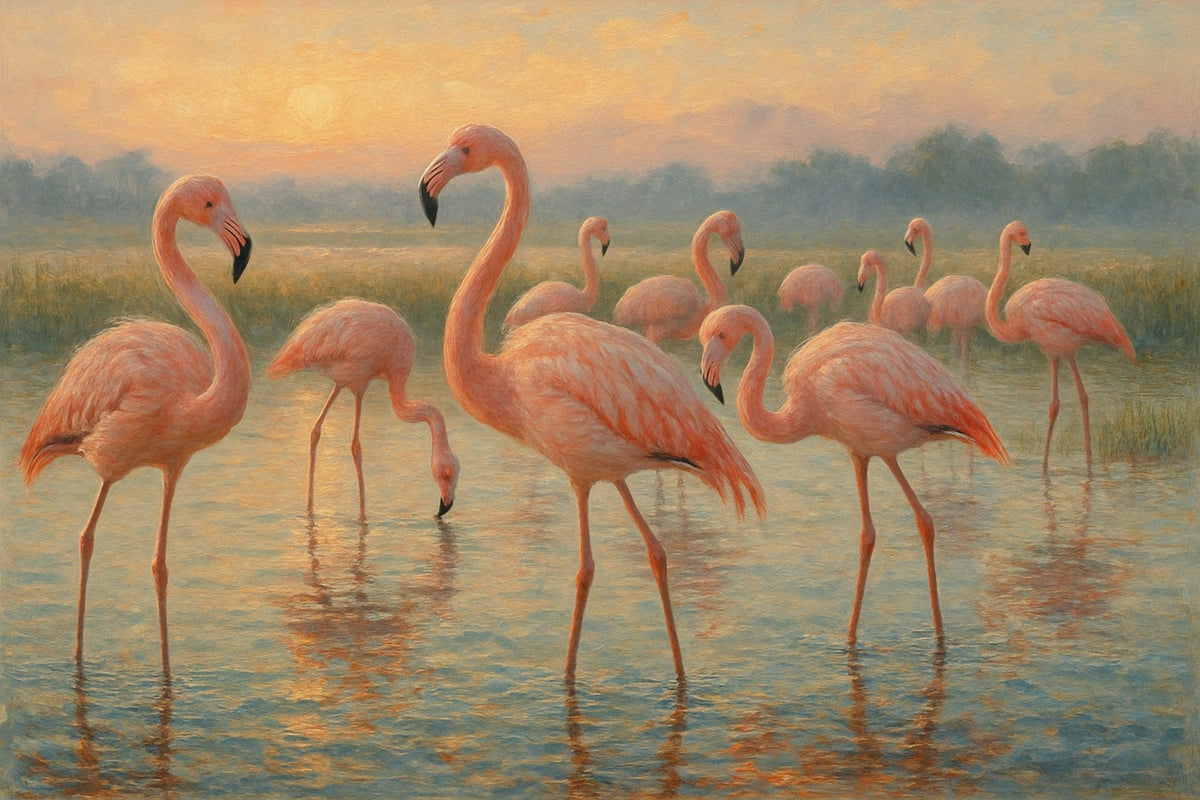 Cuadro étnico con flamencos en el agua - la obra