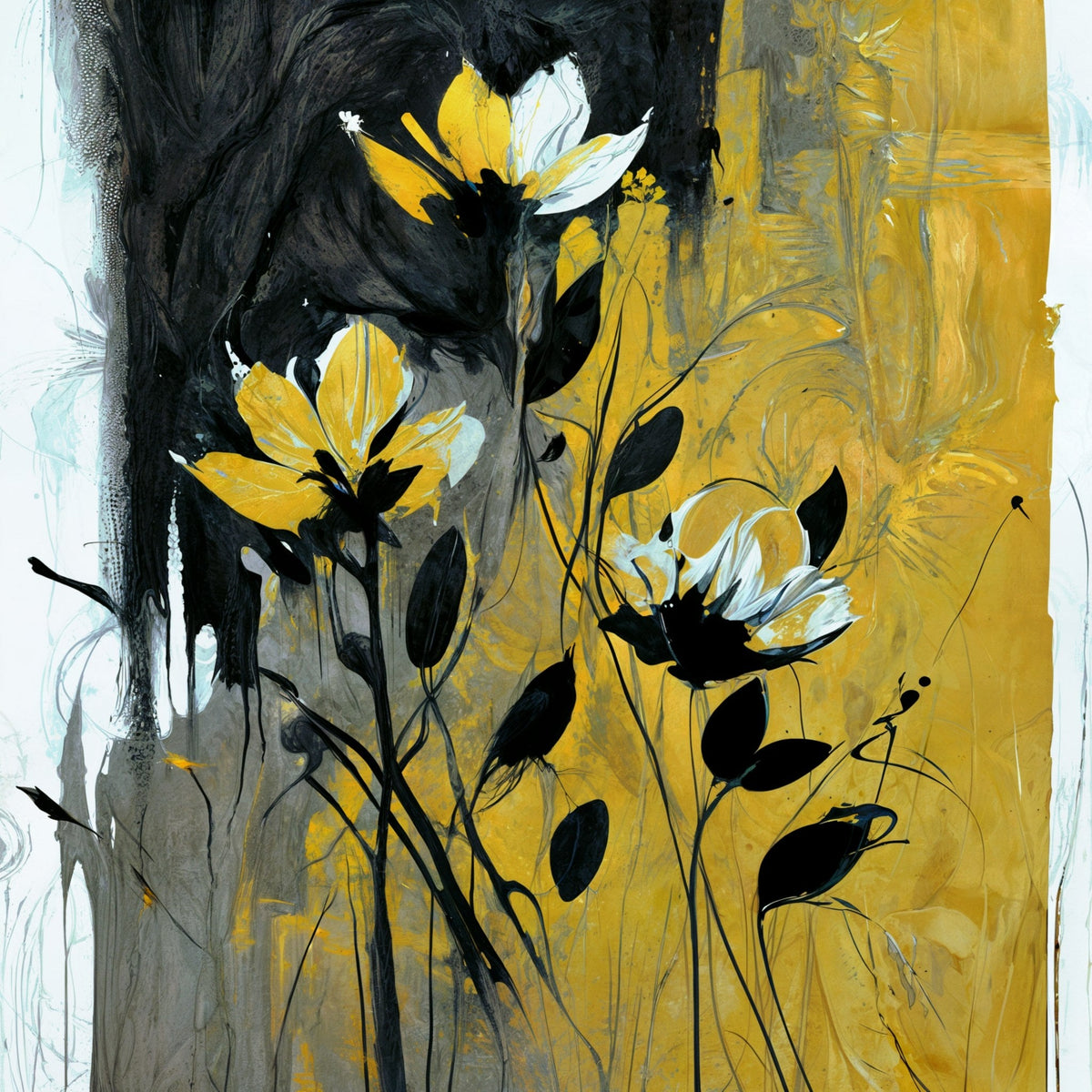 Cuadro de flores en fondo amarillo sepia - la obra