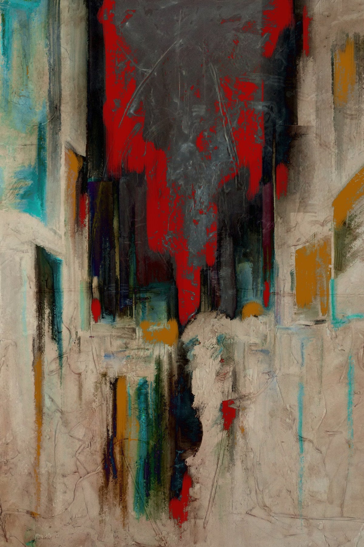 Cuadro abstracto rojo turquesa y ocre - la obra