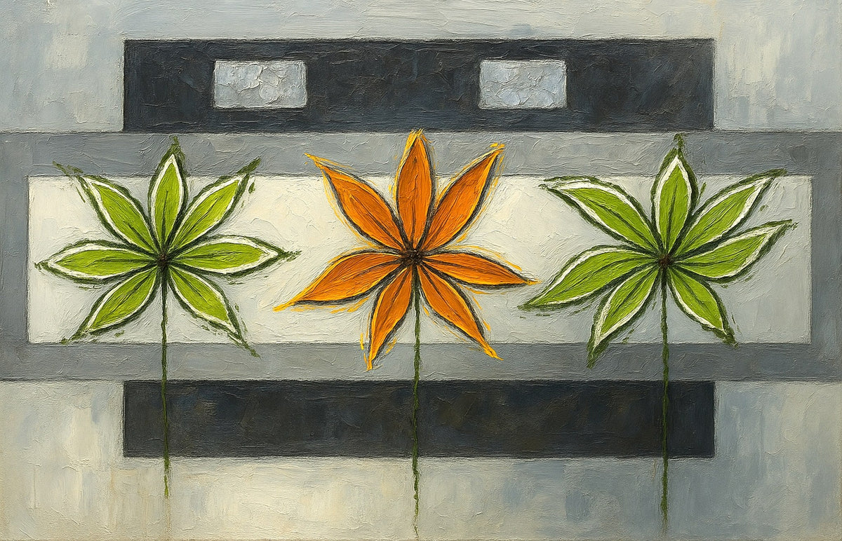 Cuadro de flores abstracto verde y naranja - la obra