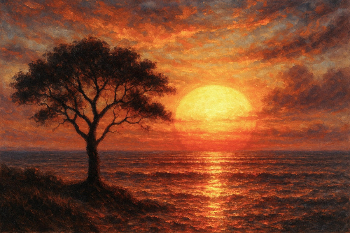 Árbol al atardecer sobre el mar - la obra