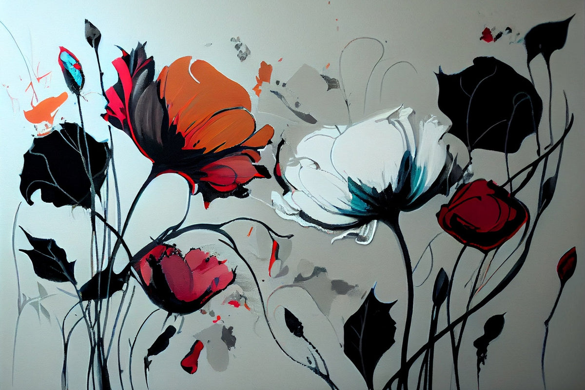 Cuadro Flores abstractas rojas y grafismo - la obra
