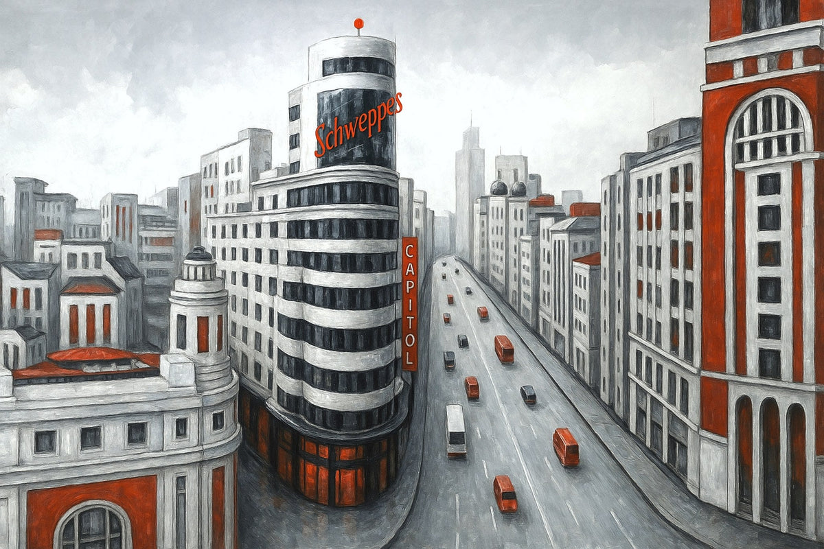 Cuadro Gran Vía de Madrid en grises y rojo - la obra