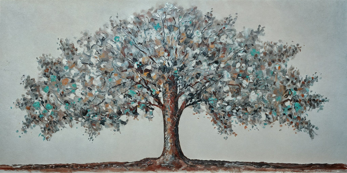 Cuadro árbol blanco, turquesa y Gris - la obra