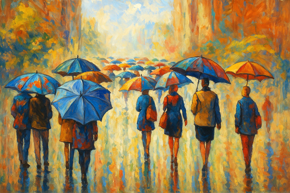 Cuadro Paseo Bajo la Lluvia Colorida - la obra