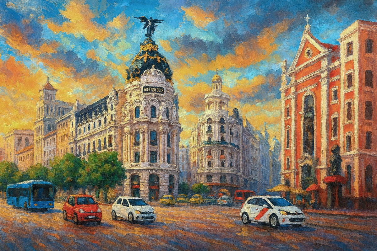 Edificio Metrópolis de Madrid al atardecer - la obra